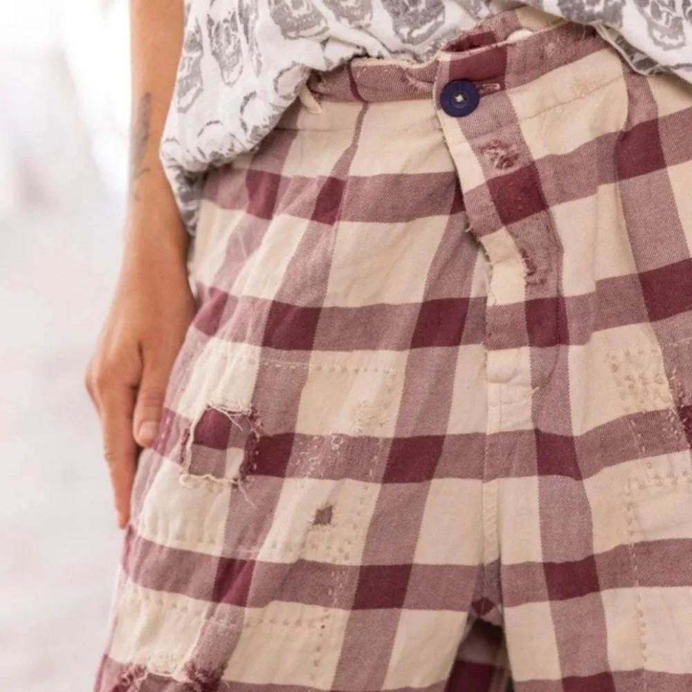 Magnolia Pearl RIC RAC Checkered Patchwork Trousers in Cream and Red NWT O/S - Picture 4 of 5